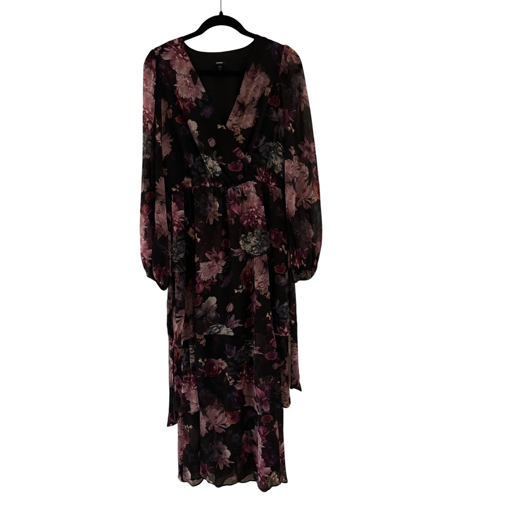 Express Womens Black Plum Floral Long Sleeve Tiered High Low Maxi Dress Medium